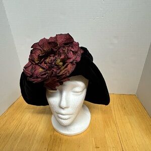 Elegant Black bucket Hat with Burgundy Floral Accent, 100% Rayon